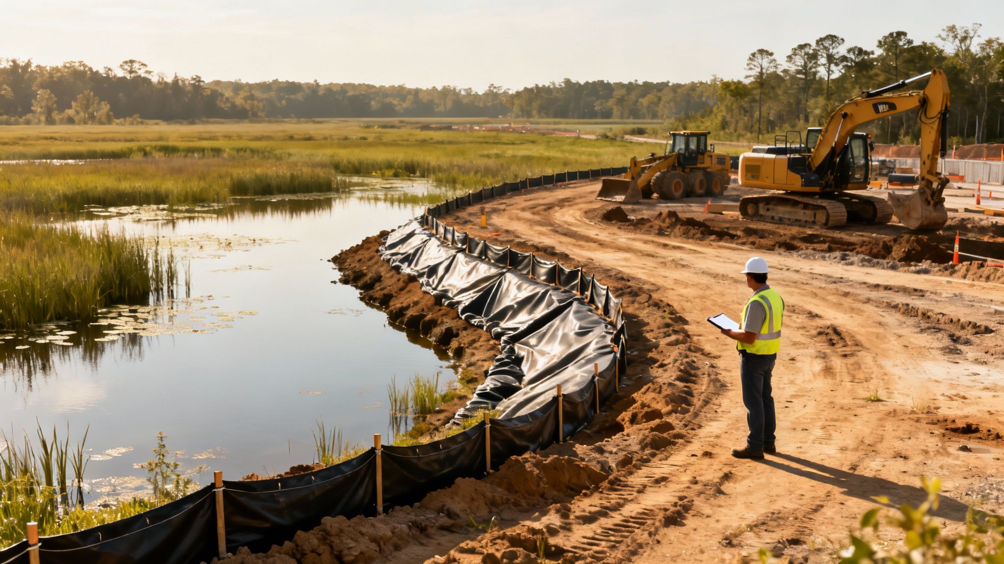 A construction worker inspects a heavy civil construction site next to a wetland with machinery.