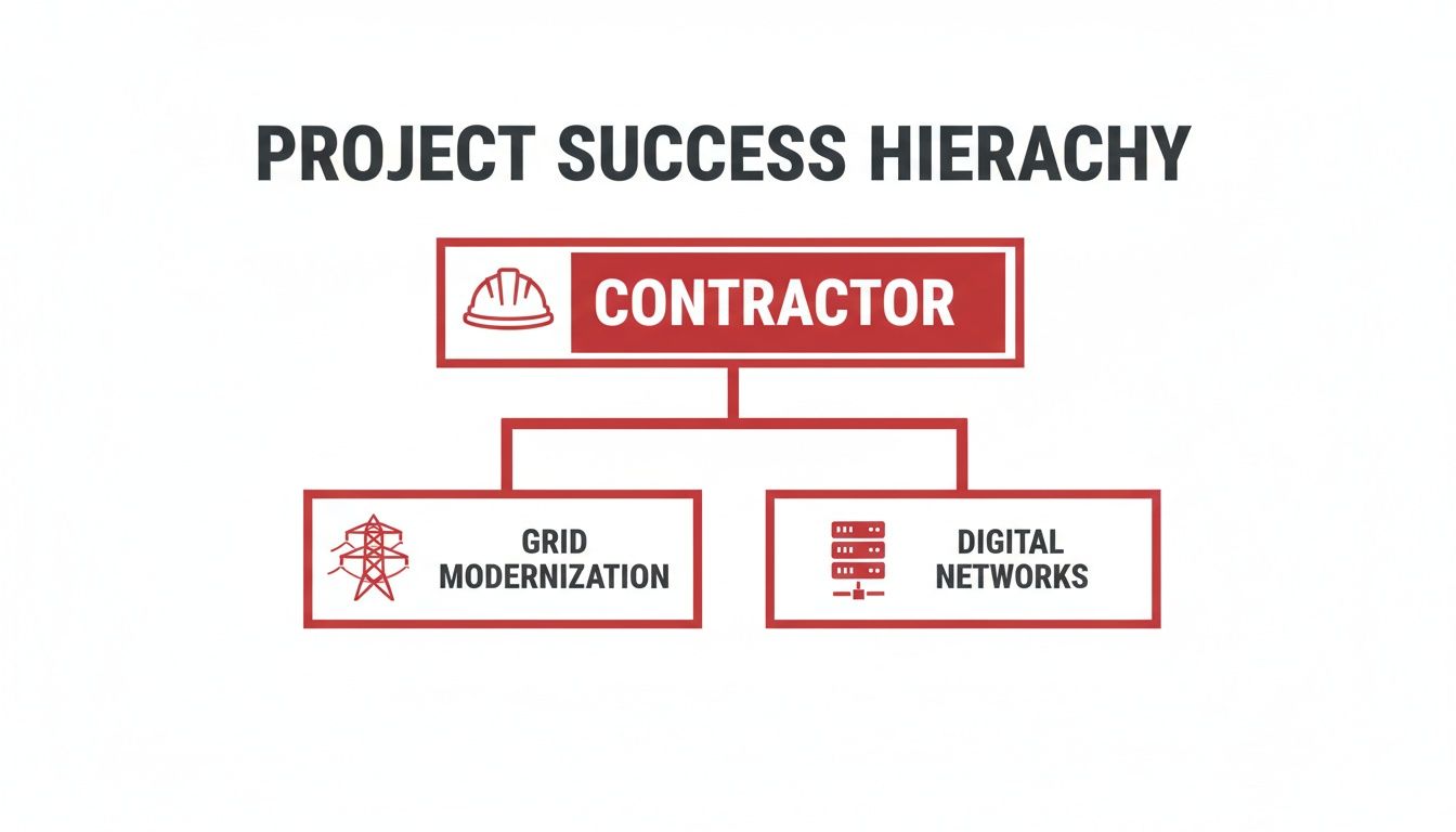 A project success hierarchy diagram with 'CONTRACTOR' at the top, branching to 'GRID MODERNIZATION' and 'DIGITAL NETWORKS'.