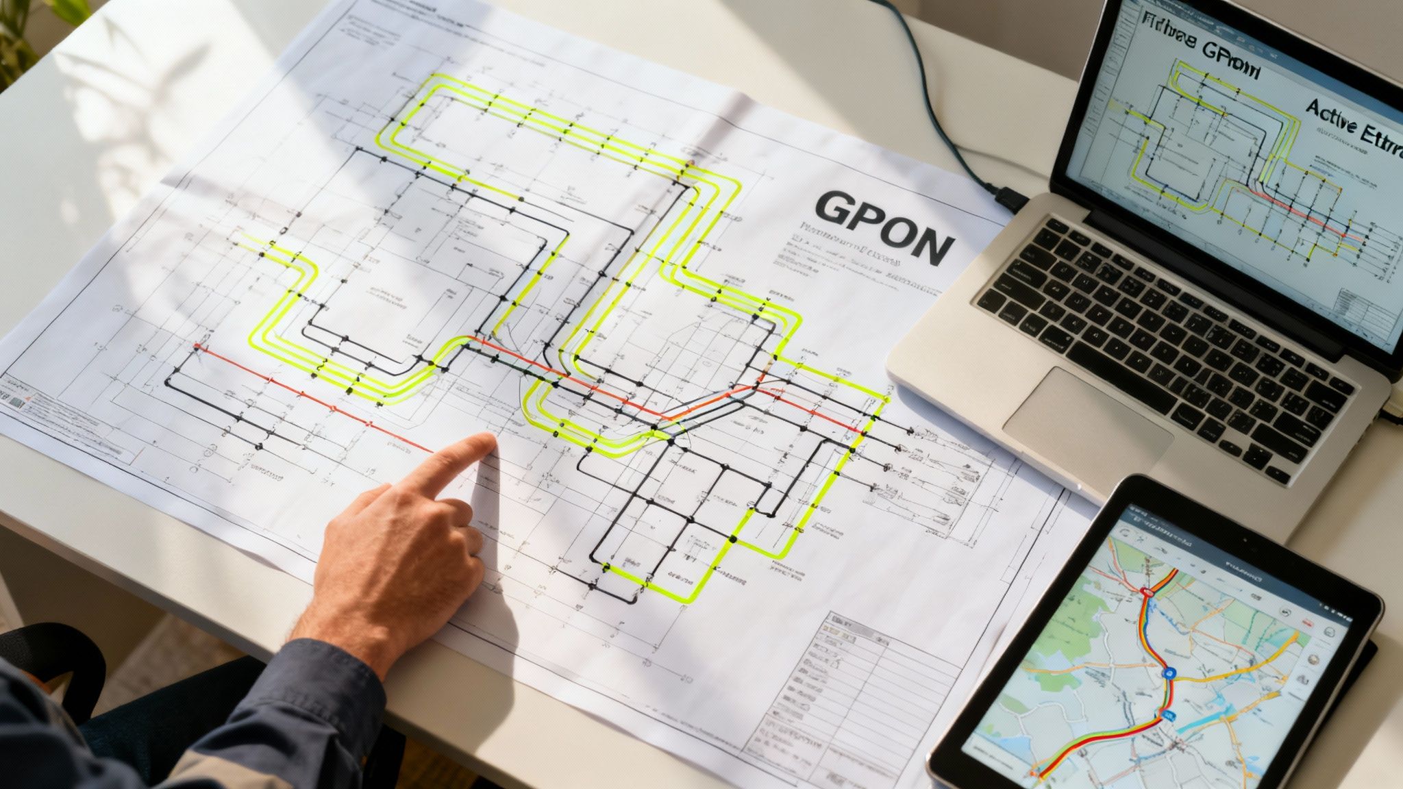 Hand pointing at GPON fiber optic network diagram, with laptop and tablet on a desk.
