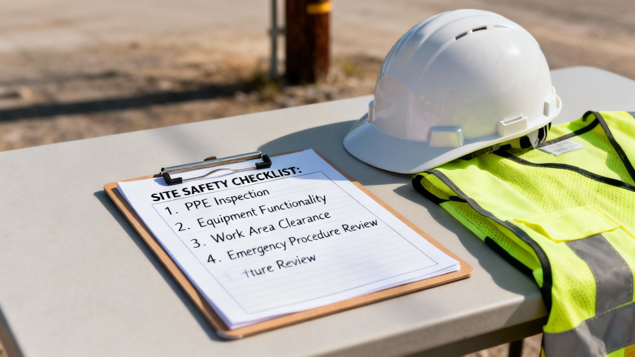 A white hard hat, yellow safety vest, and site safety checklist on a table.