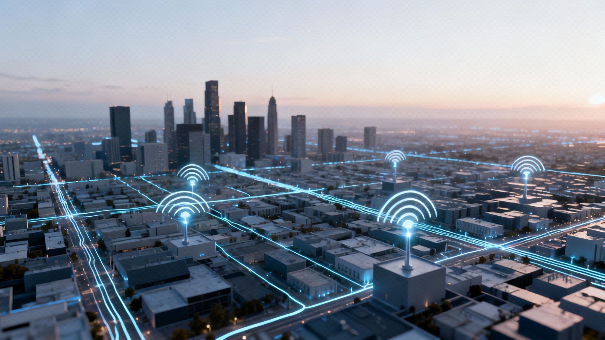 Aerial view of a smart city network with glowing blue lines connecting buildings and wireless signal icons.