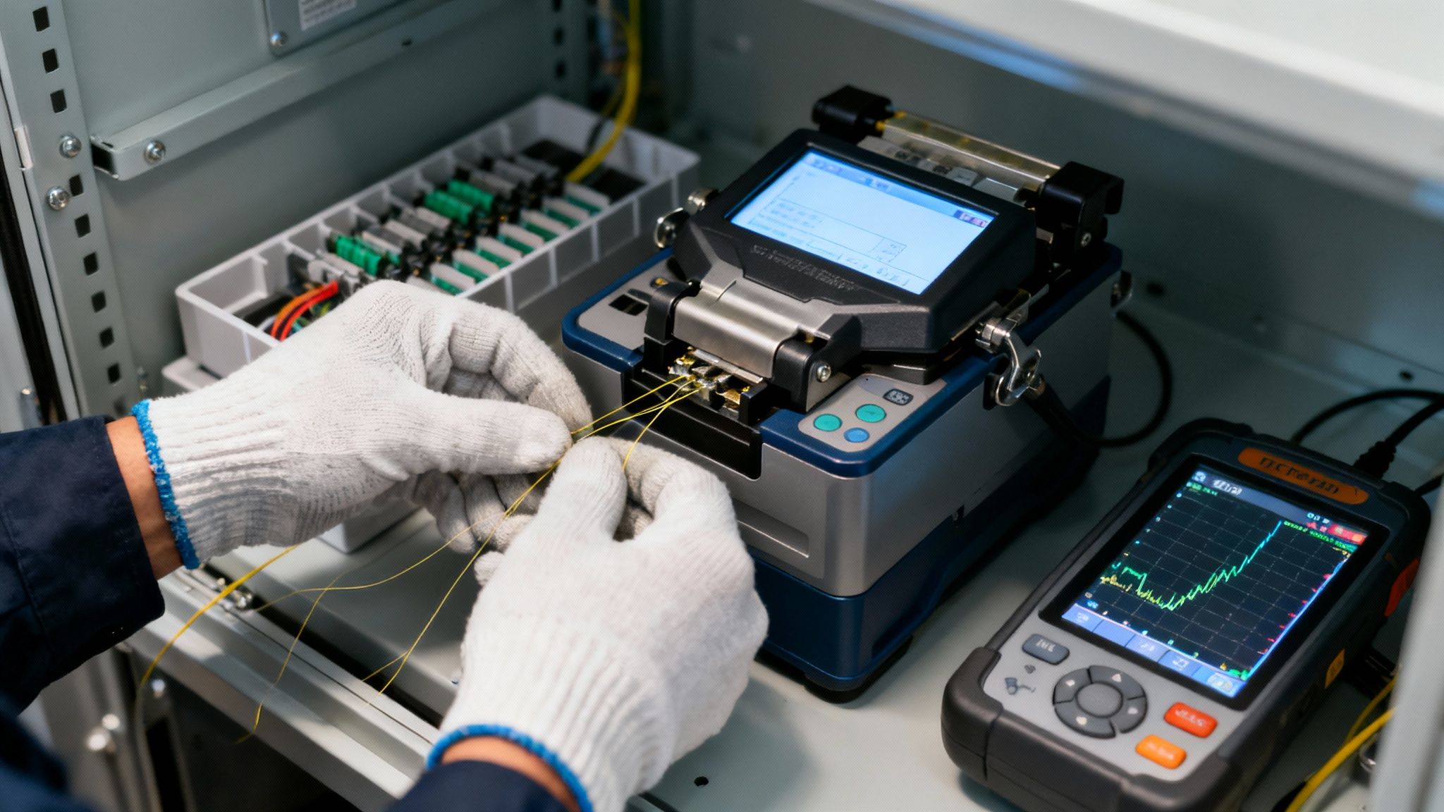 Technician in white gloves performing fiber optic fusion splicing inside an equipment cabinet with an OTDR.