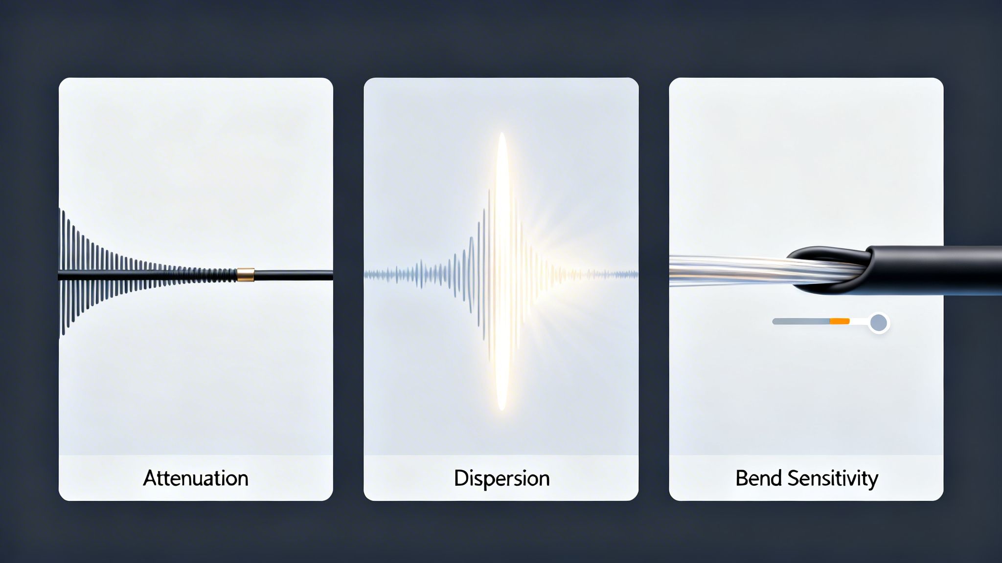 Three diagrams illustrating fiber optic cable properties: attenuation, dispersion, and bend sensitivity.