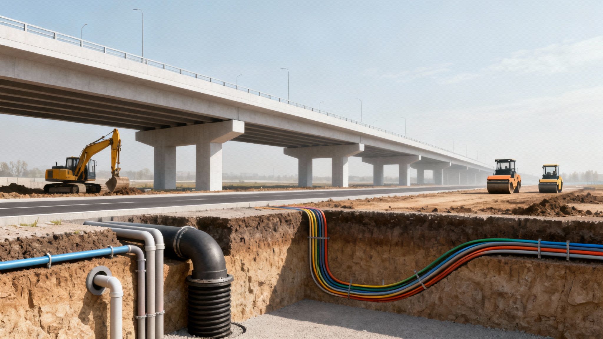 Underground utilities and bridge construction with an excavator and road rollers on a sunny day.
