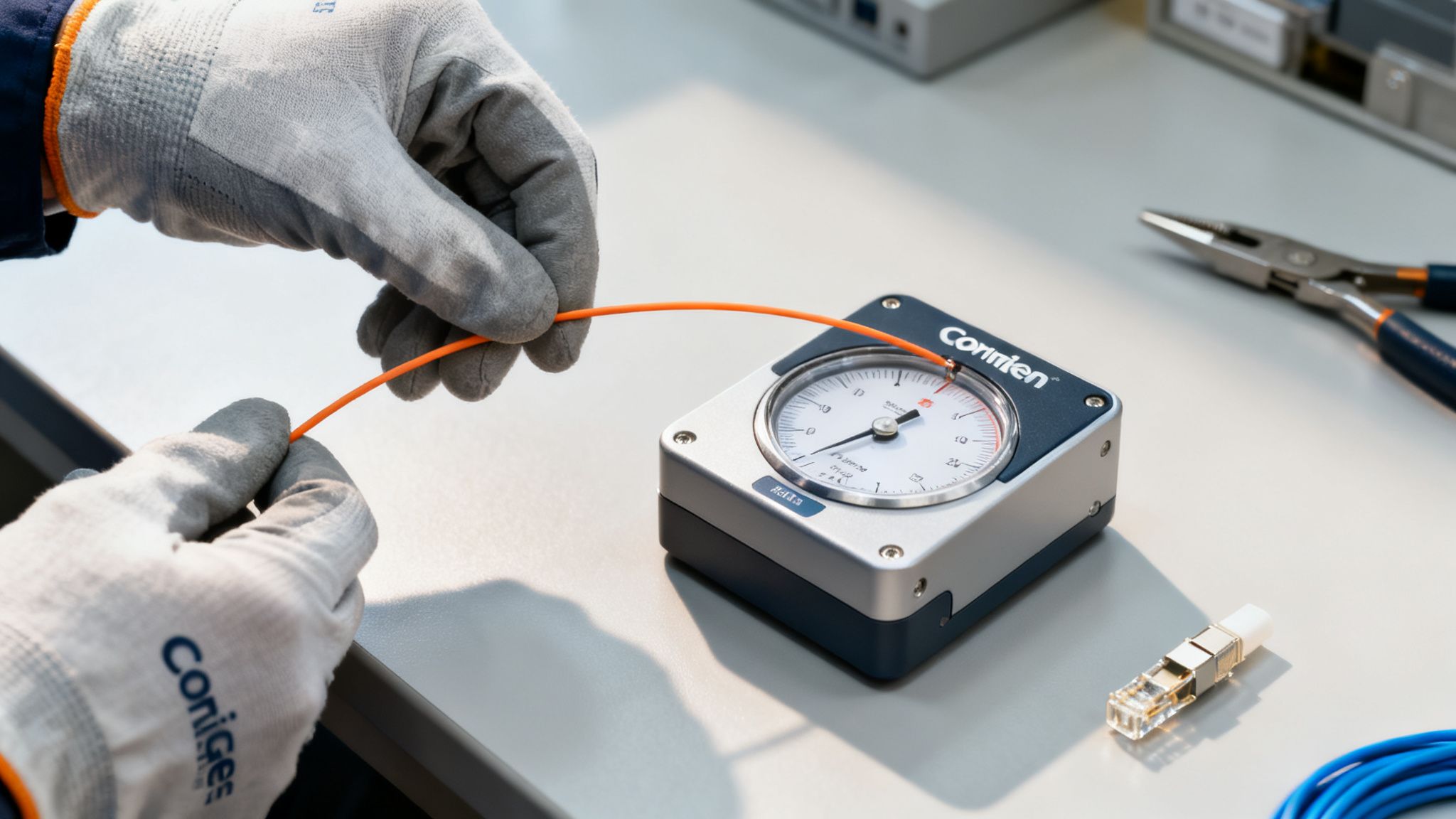 Gloved hands working with an orange fiber optic cable and a Corning measurement device.