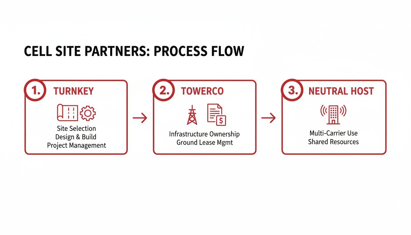 Flowchart illustrating the three-step process for cell site partners: Turnkey, Towerco, Neutral Host.