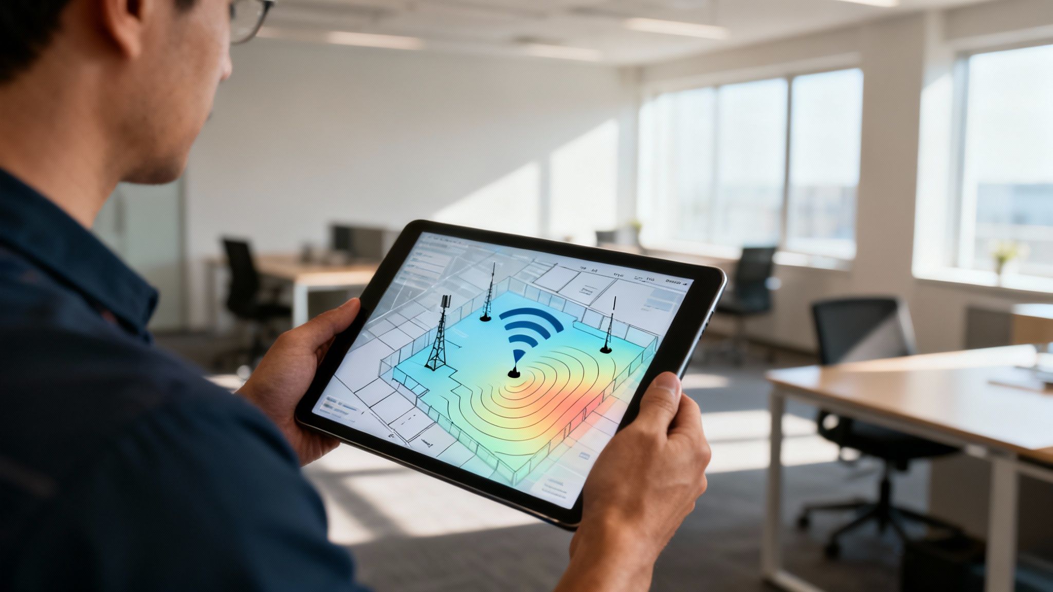 Man holds tablet displaying an indoor wireless network heatmap and towers in an office.