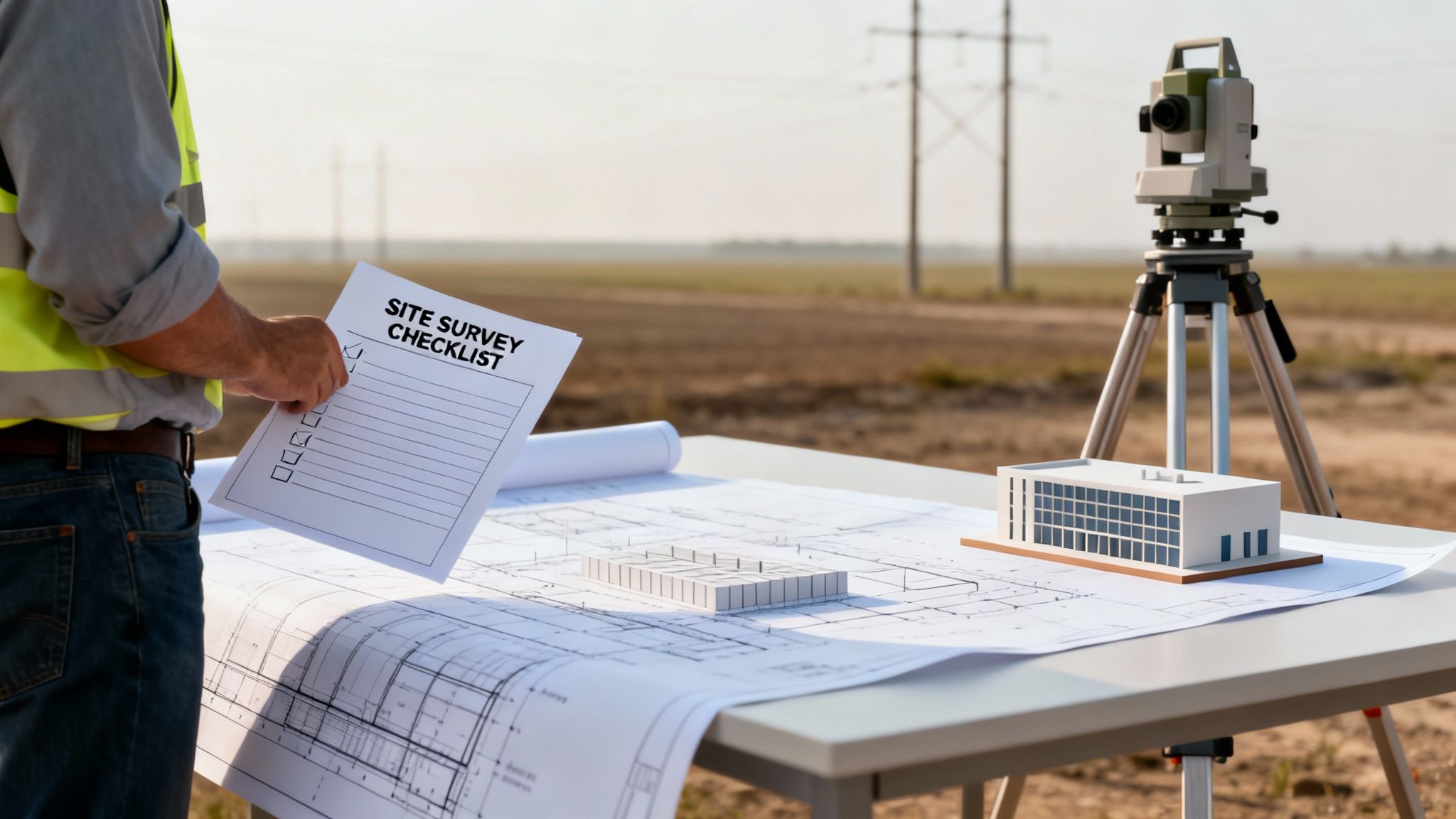 An engineer reviews a site survey checklist and blueprints at an outdoor construction site with surveying equipment.