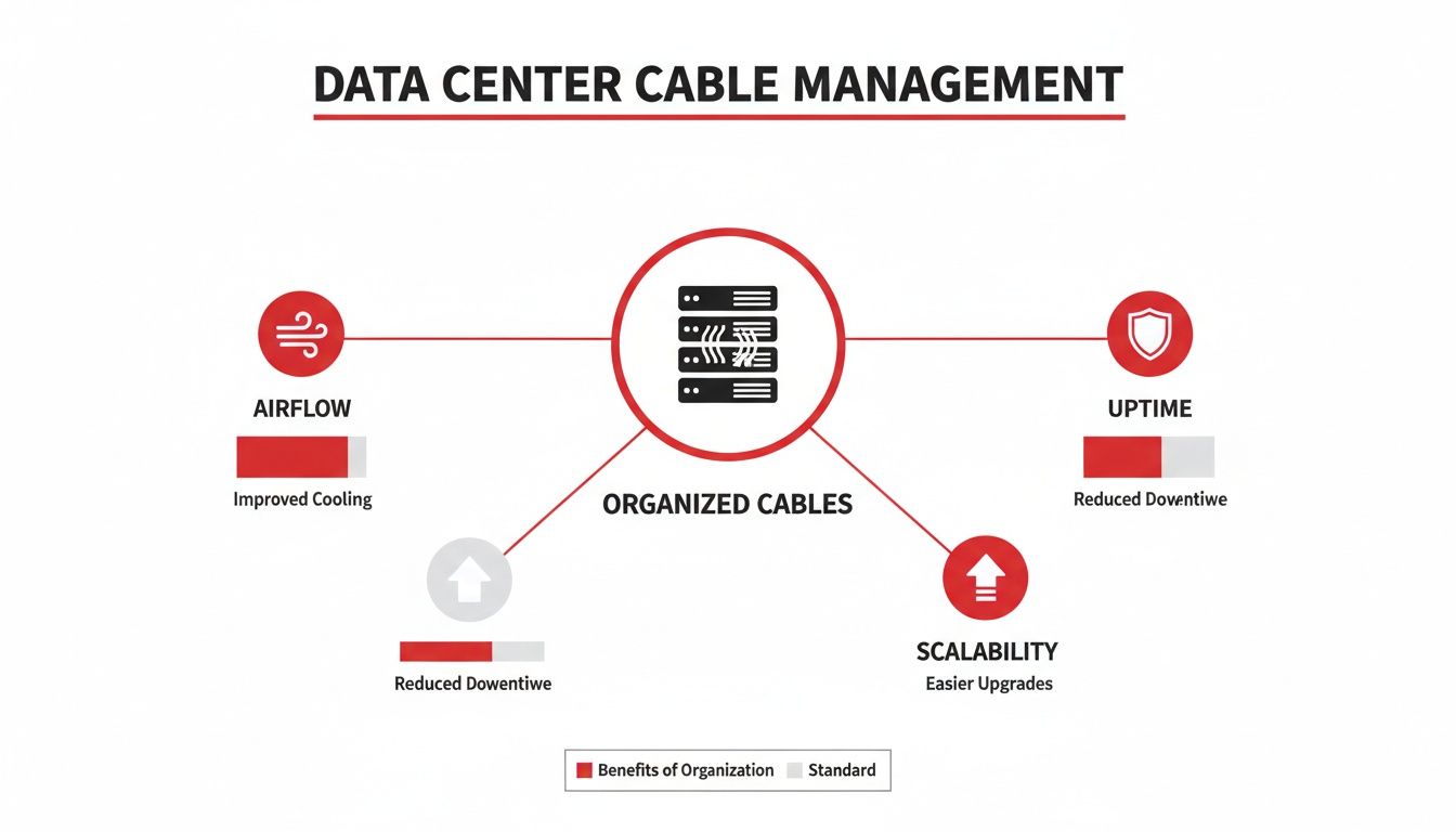 Infographic showing how organized cables in data centers improve airflow, uptime, and scalability.
