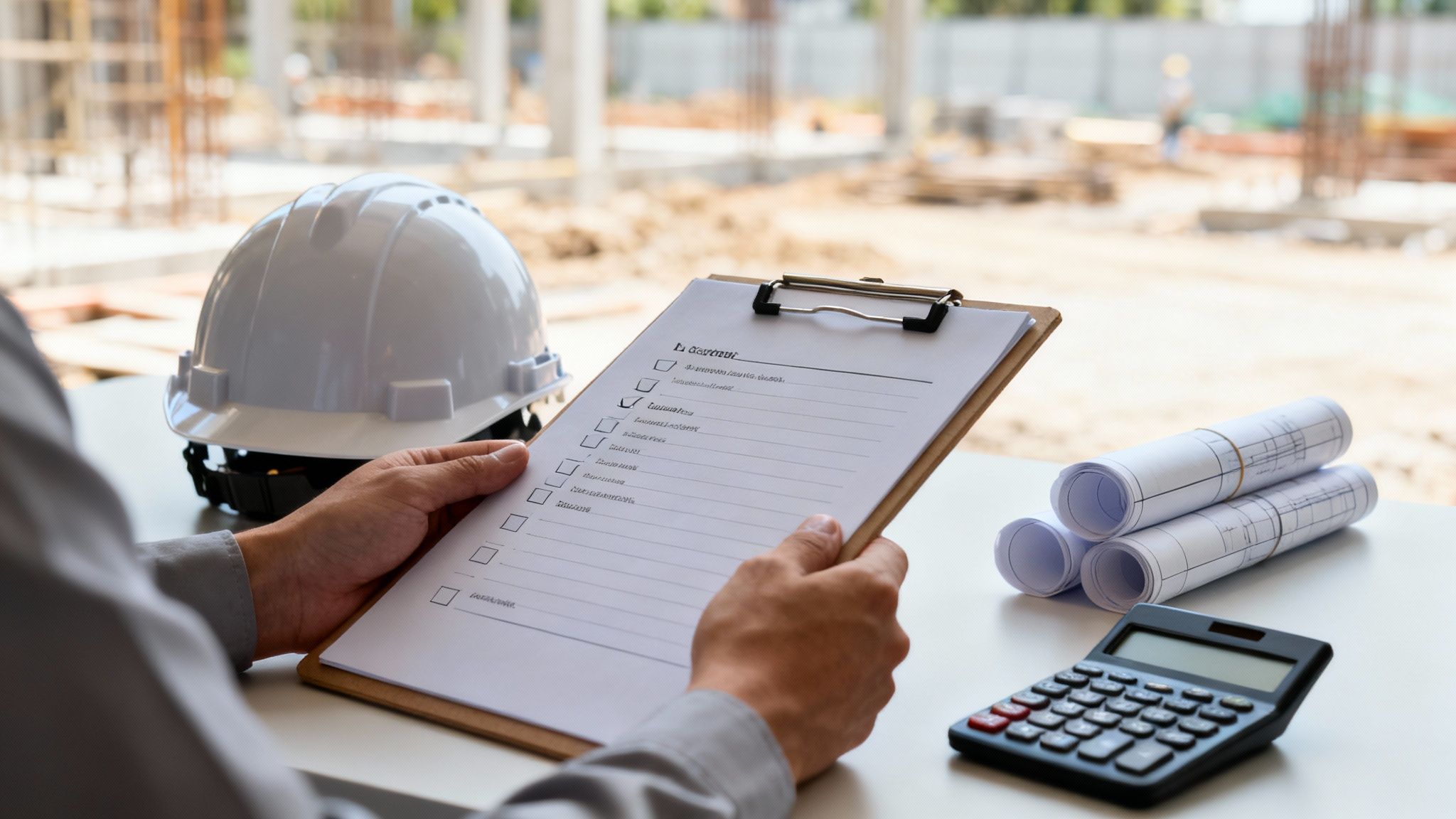 Engineer reviewing a checklist on a clipboard, with a hard hat, blueprints, and calculator at a construction site.
