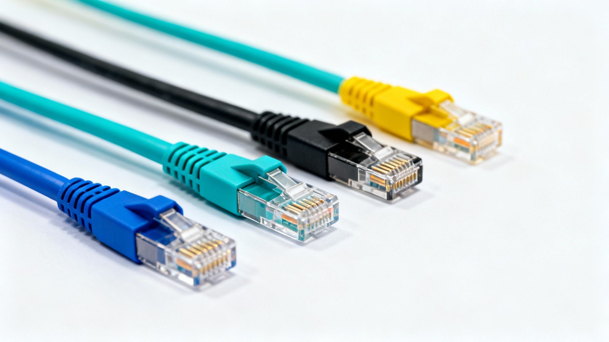 Four colorful Ethernet cables with RJ45 connectors (blue, teal, black, yellow) on a white surface.