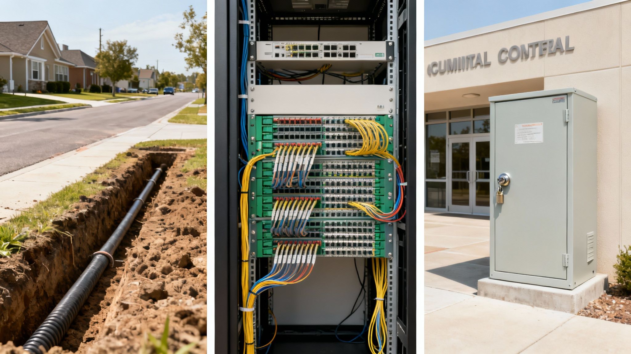 Three panels show fiber optic network installation: underground conduit, server rack, and outdoor cabinet.