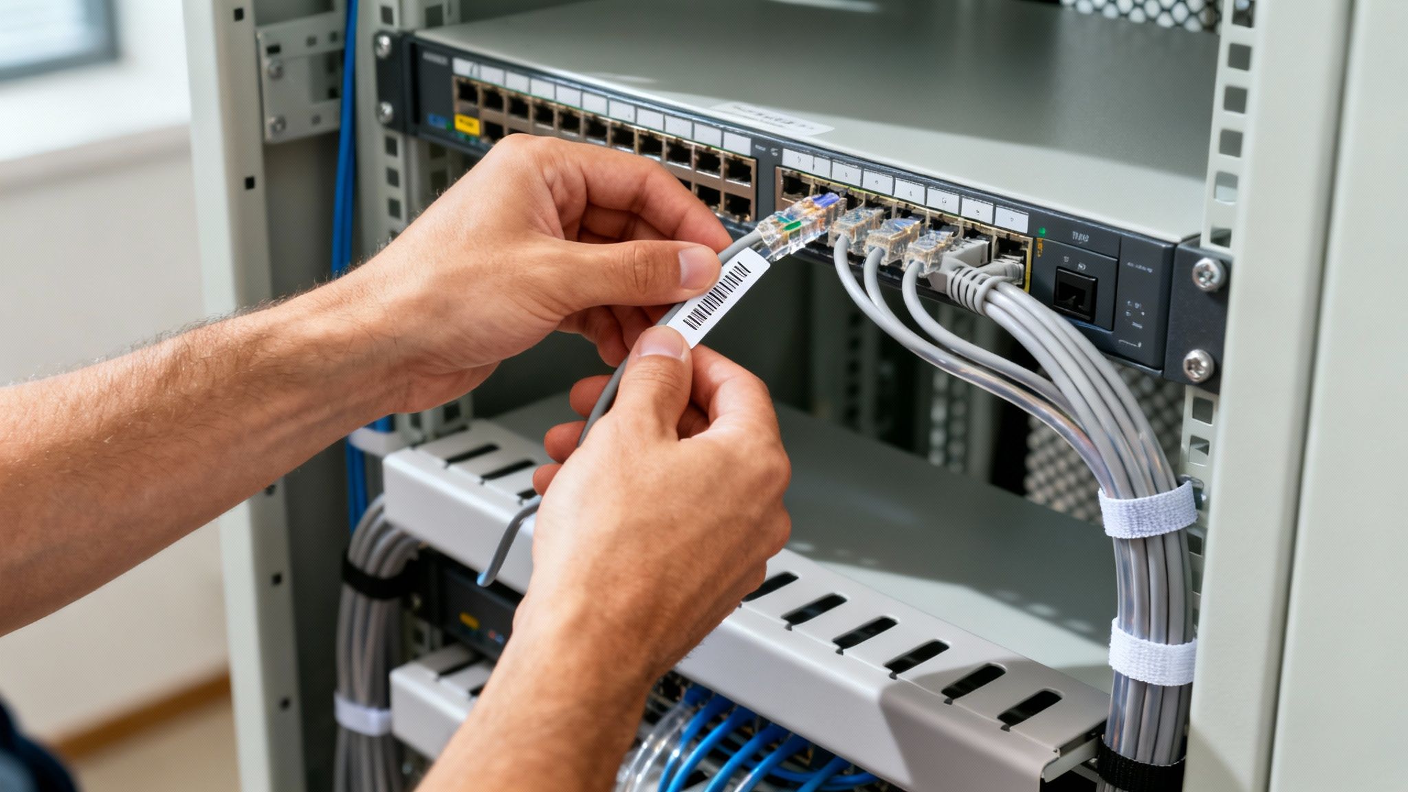 A technician's hands labeling an Ethernet cable connected to a network switch in a server rack.