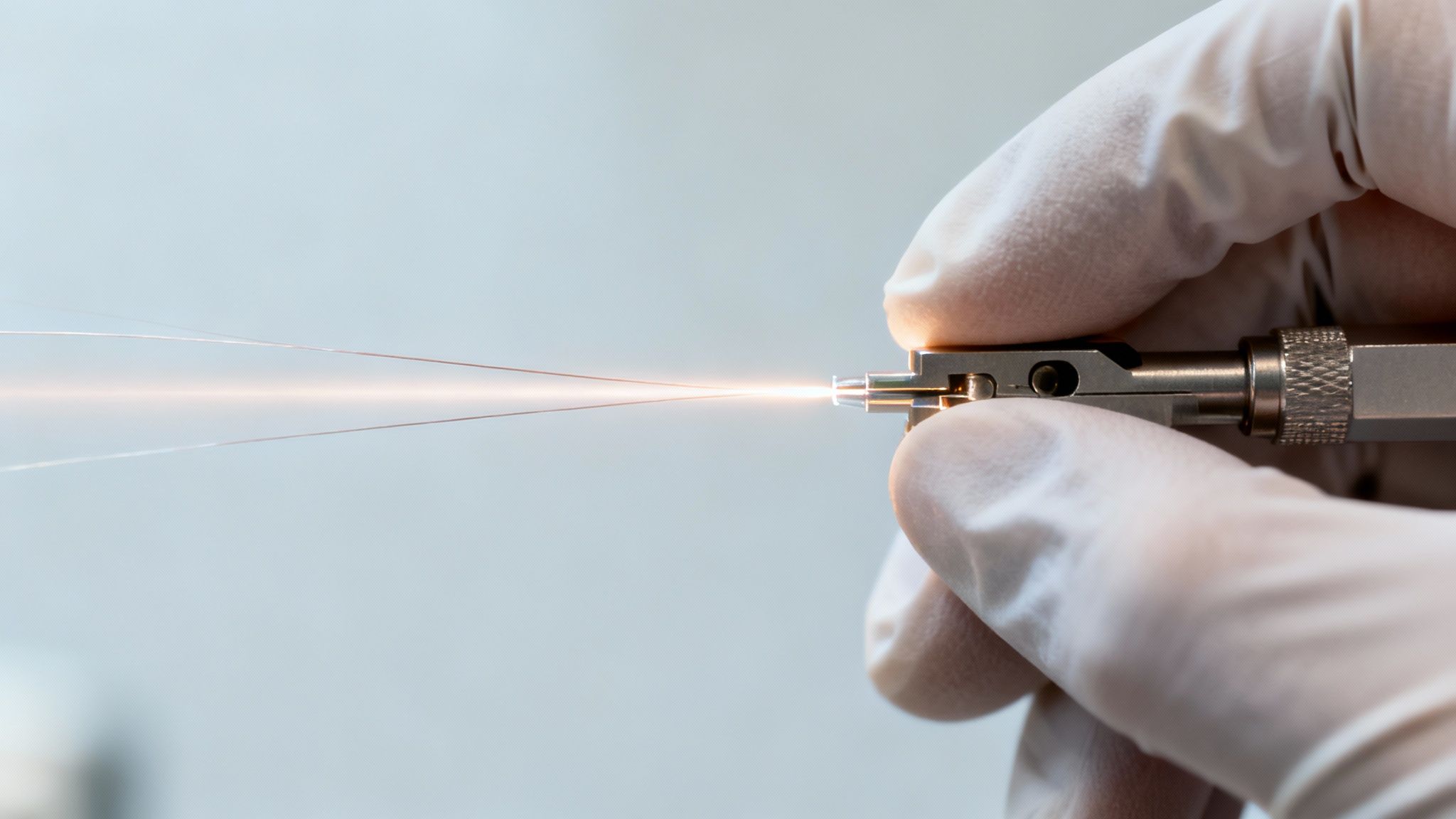 A technician's gloved hand performs fiber optic fusion splicing, emitting a bright, focused light.