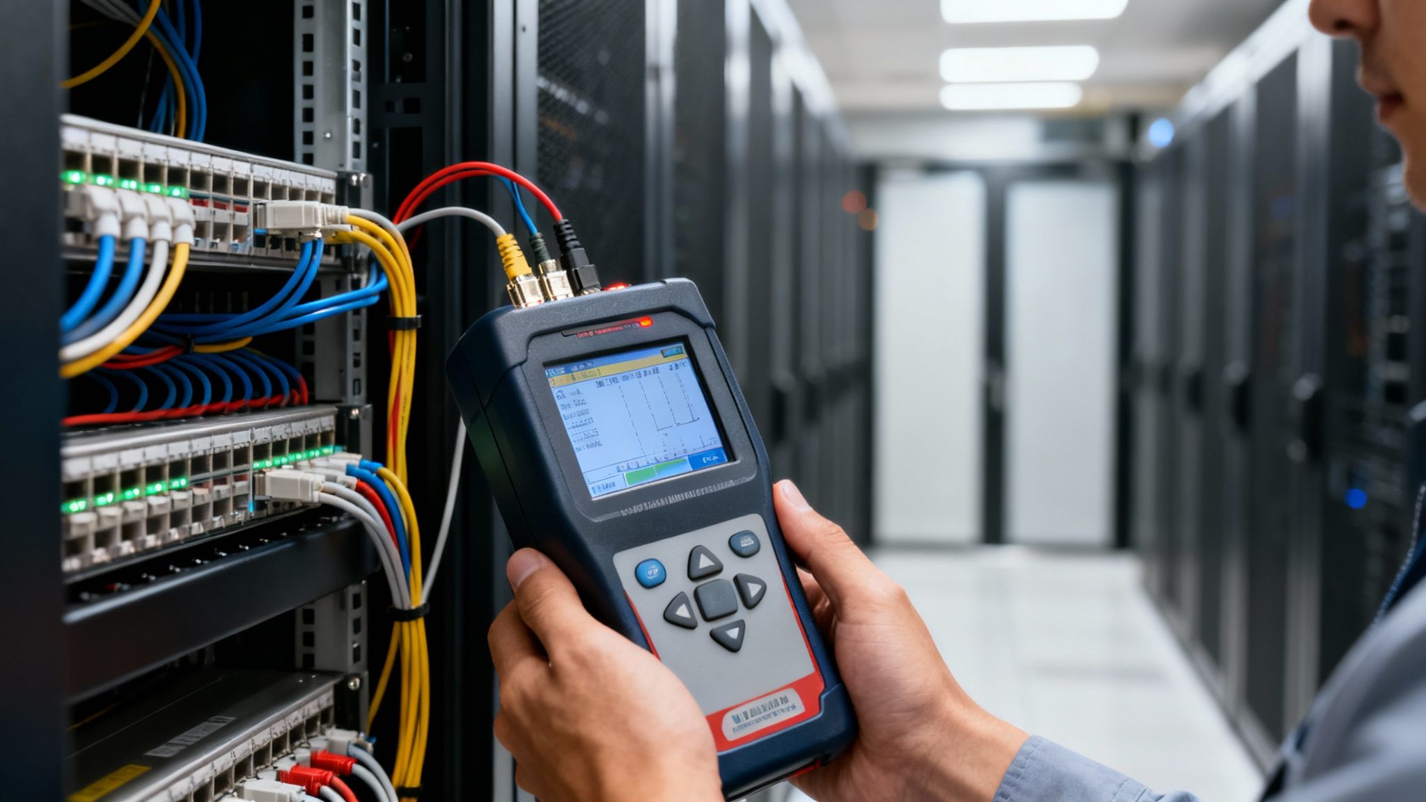 Close-up of hands holding a network cable tester connected to switches in a data center.
