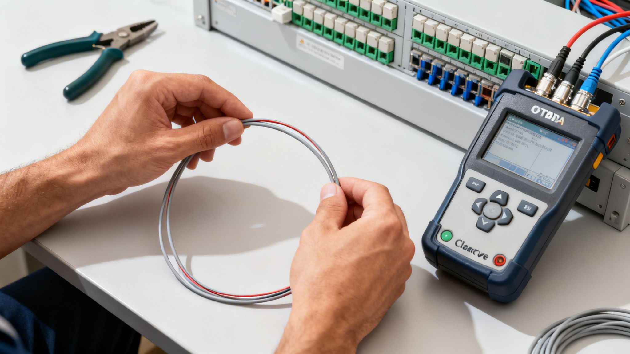 Close-up of hands holding a fiber optic cable next to network equipment and a testing device.