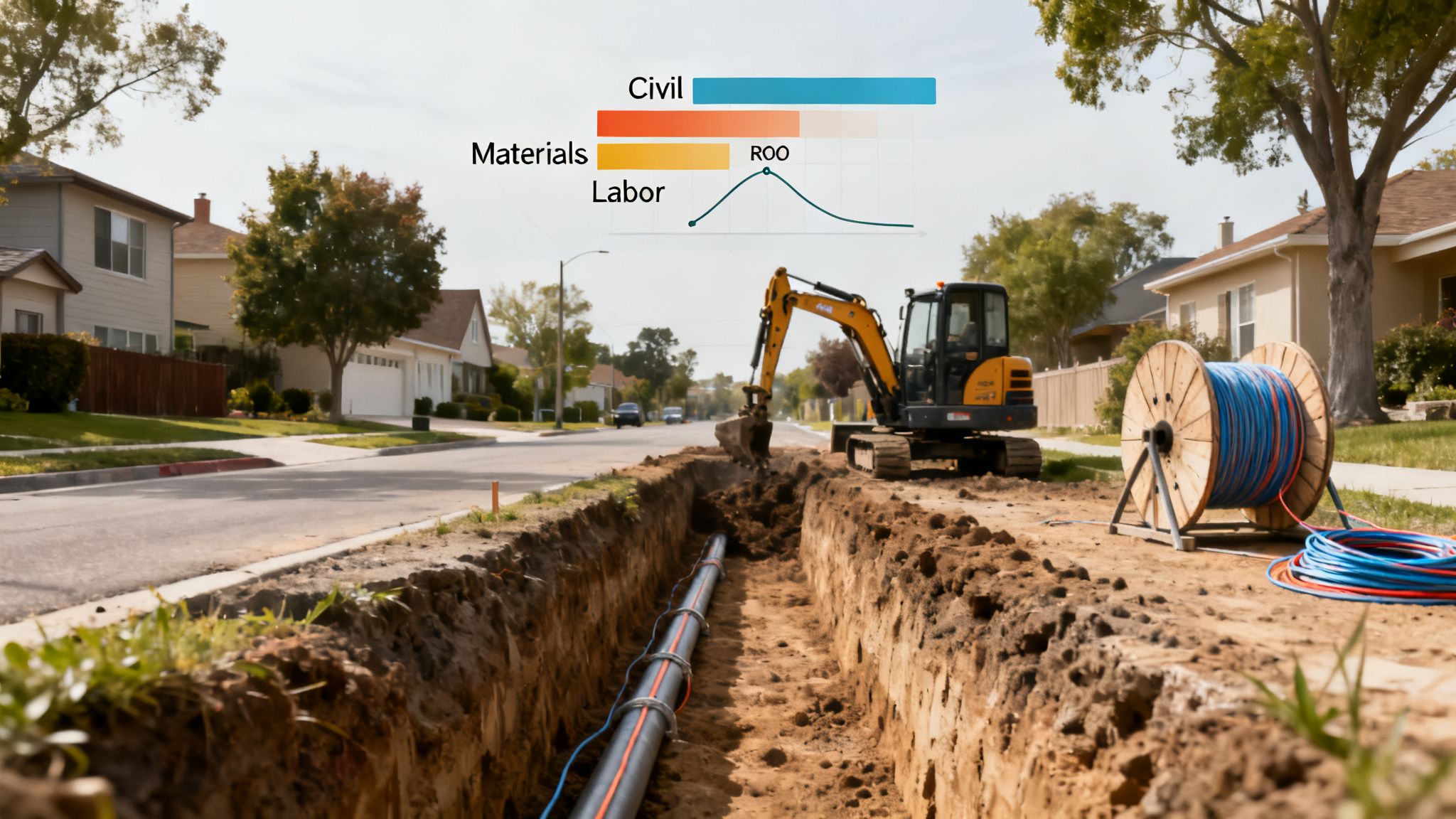 An excavator digs a trench for fiber optic cable installation on a suburban street with a large cable spool.