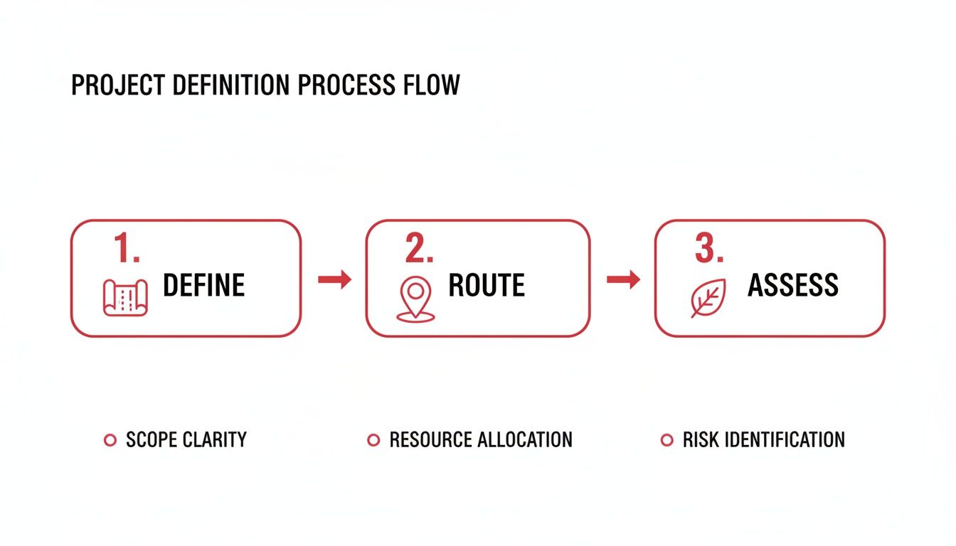 A project definition process flow diagram showing three steps: Define, Route, and Assess, with their respective focuses.