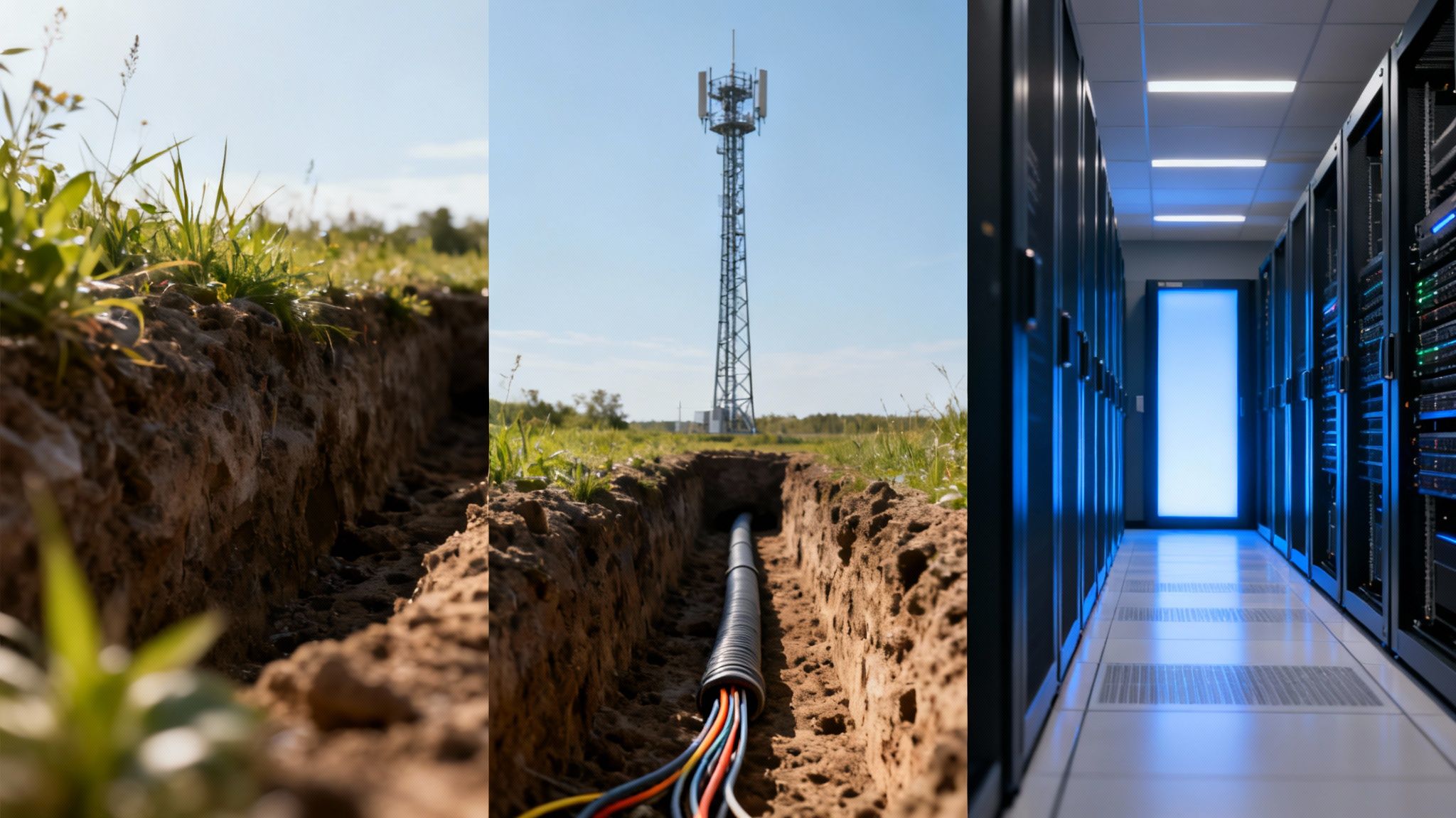 Telecommunications infrastructure from underground cables and cell tower to a modern server data center.