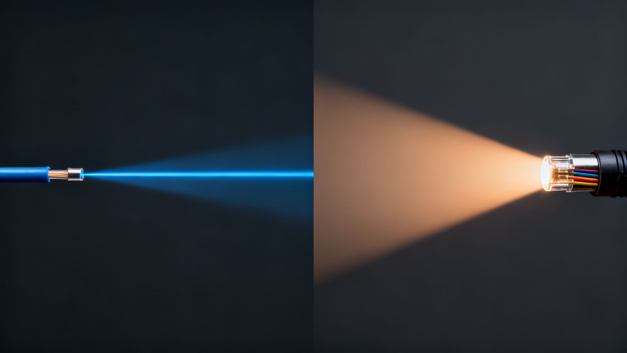 Fiber optic cables showcasing blue and warm orange light transmission on a dark background.