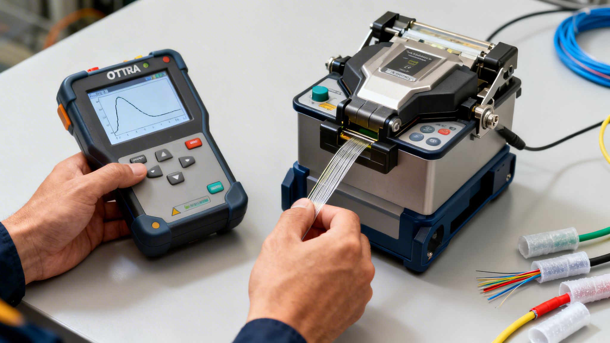 Hands operating fiber optic testing and splicing equipment with ribbon cables on a workbench.