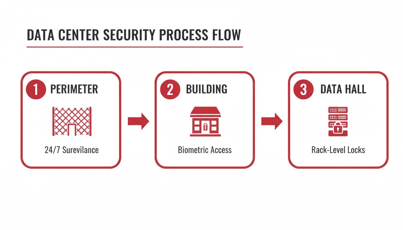 Flowchart illustrating data center security layers: perimeter surveillance, building biometric access, and data hall rack locks.