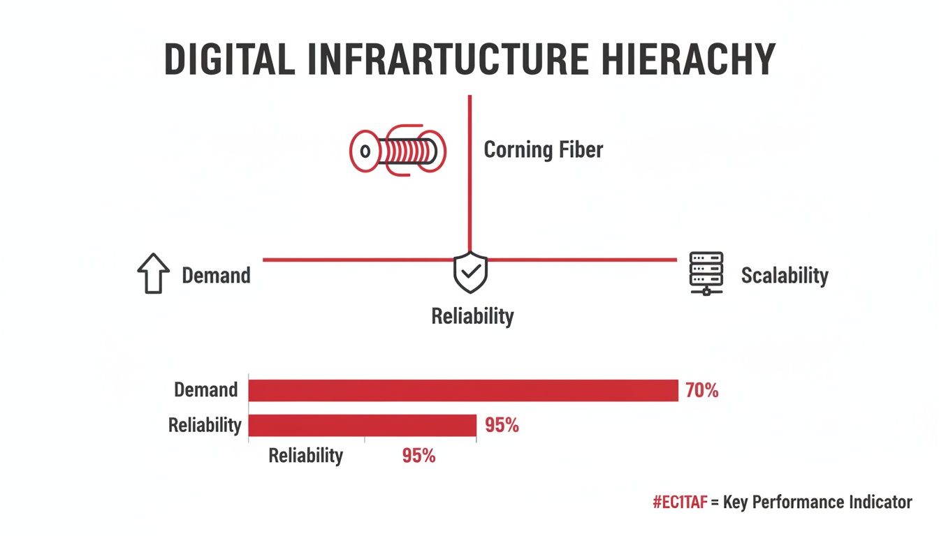 Digital Infrastructure Hierarchy diagram showing Demand, Reliability, Scalability, Corning Fiber, and KPI percentages.