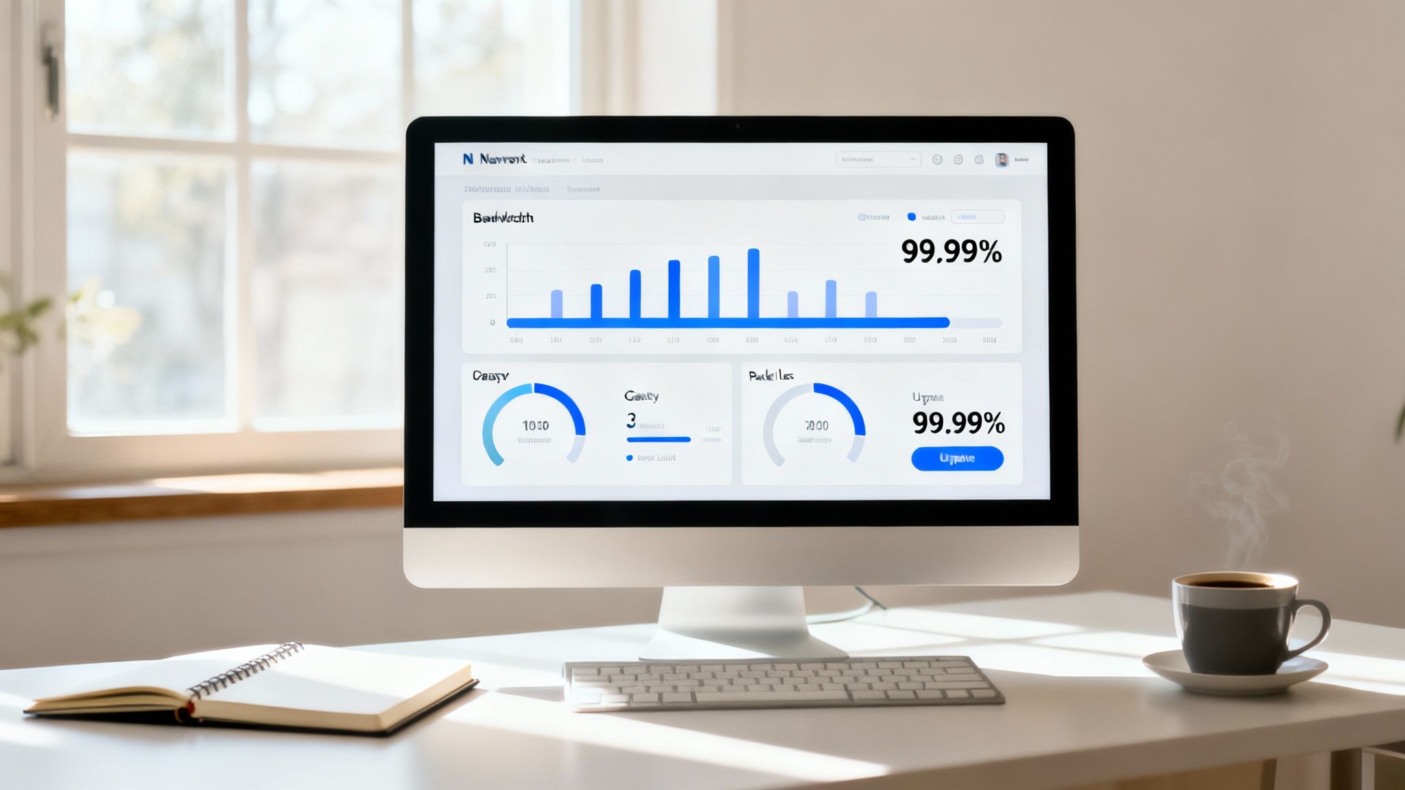 A modern workspace with a computer monitor showing network performance metrics, keyboard, notebook, and coffee.
