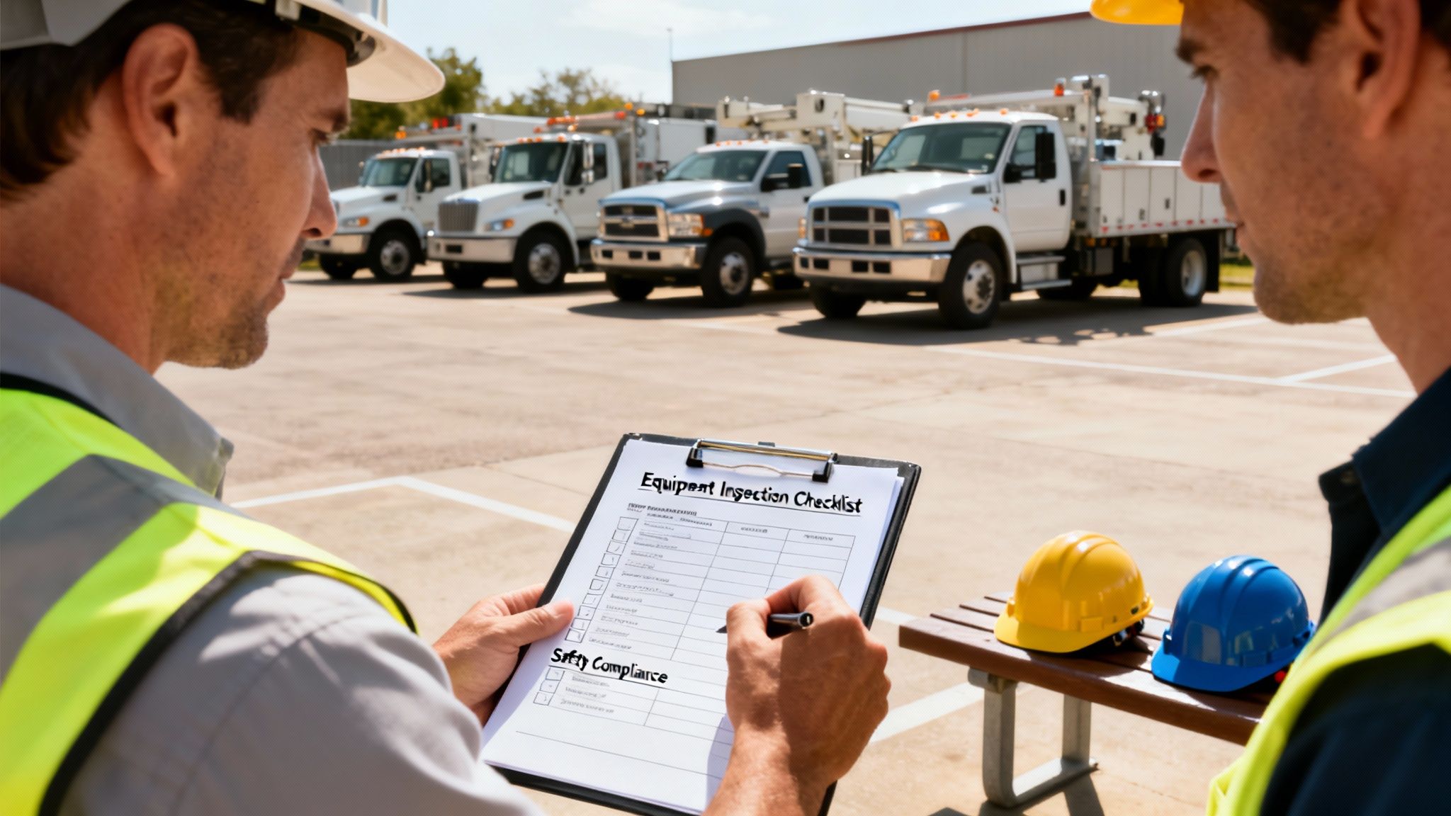 Two utility workers review an equipment inspection checklist for safety compliance near a fleet of trucks.