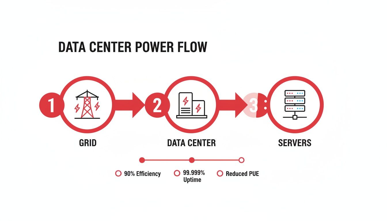 Infographic showing the data center power flow from grid to servers, detailing efficiency, uptime, and PUE metrics.