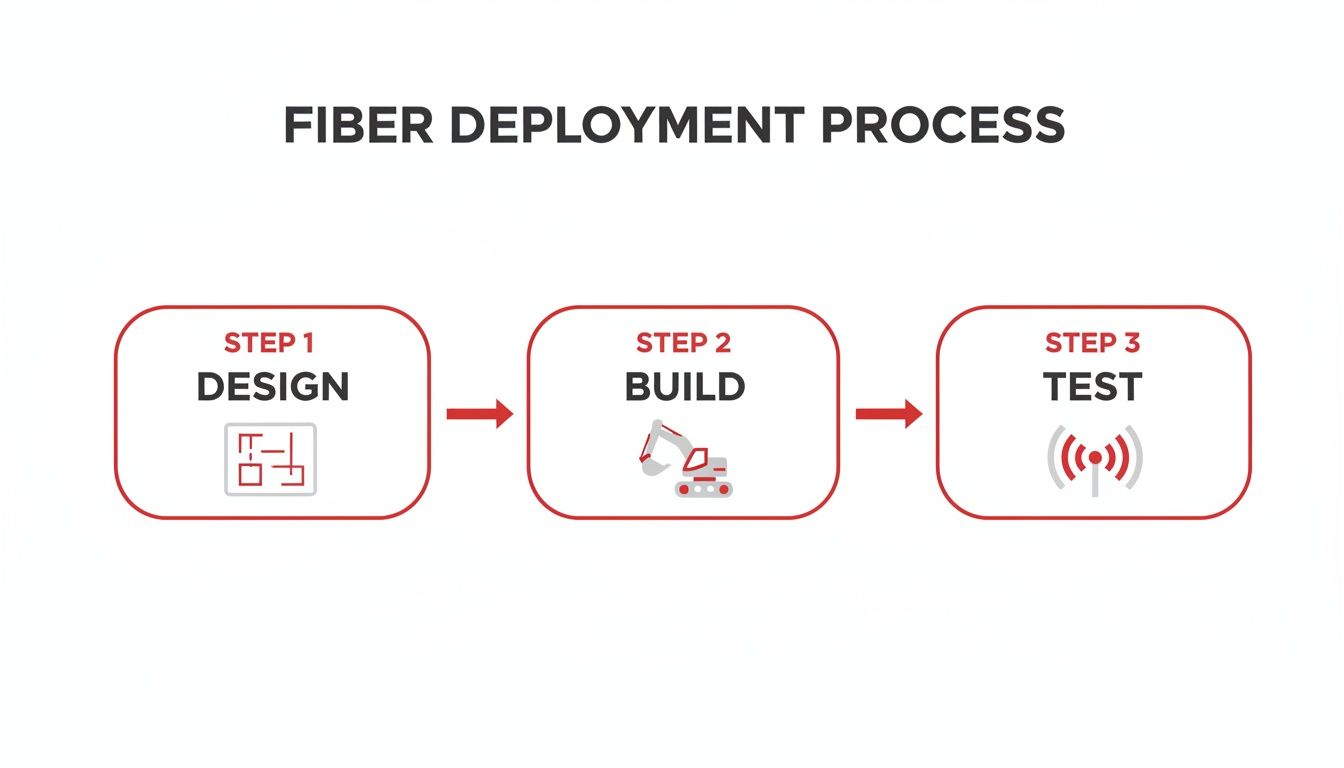 A diagram illustrating the three-step fiber deployment process: design, build, and test.