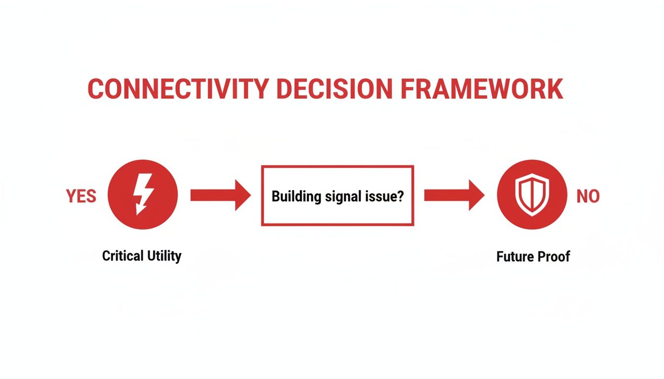 A flowchart titled 'Connectivity Decision Framework' showing paths for 'Critical Utility' and 'Future Proof' based on 'Building signal issue?'.
