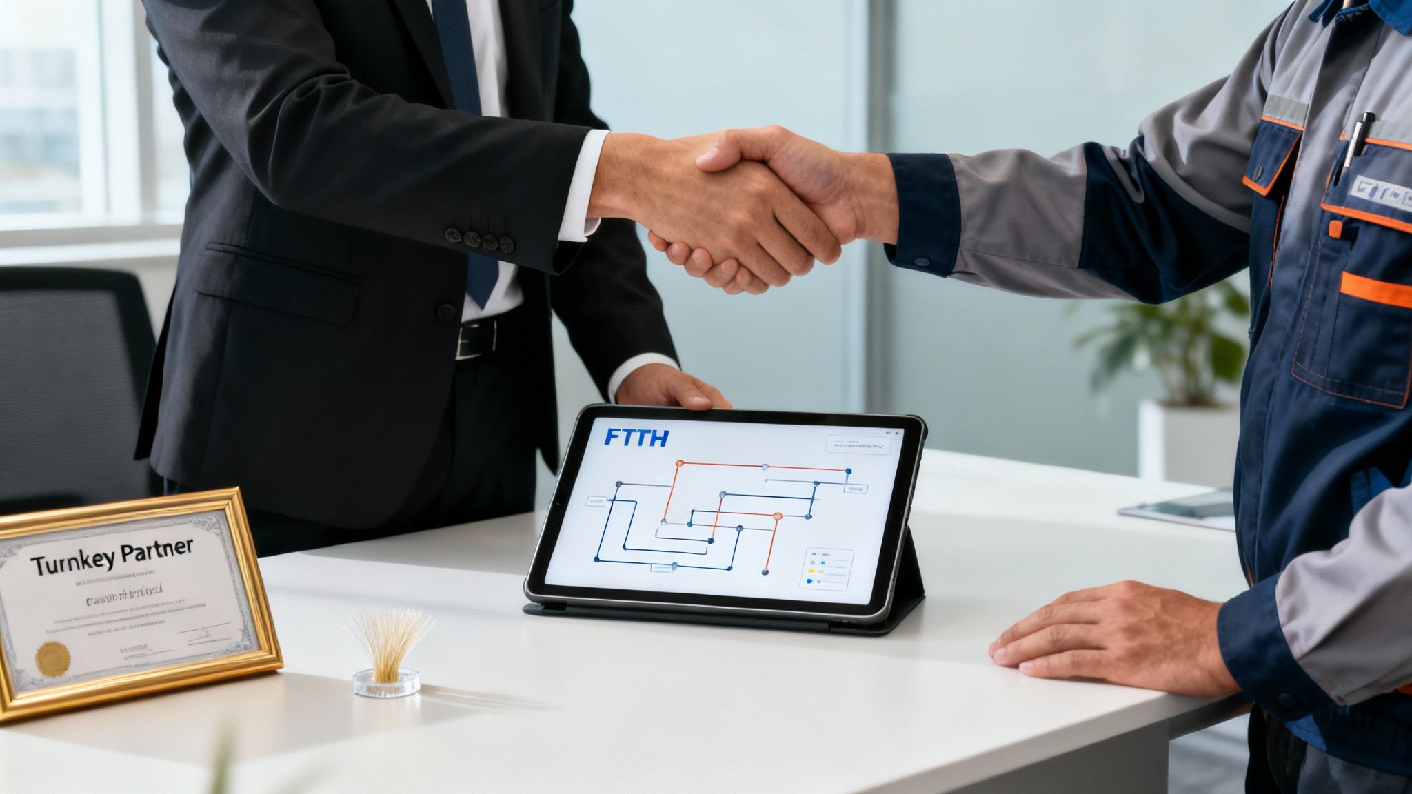 Businessman and technician shake hands over a tablet displaying an FTTH network diagram, symbolizing a partnership agreement.