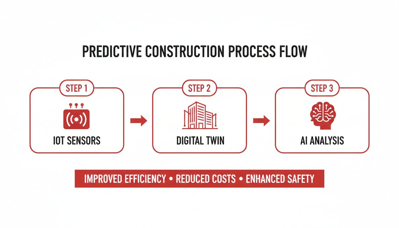Flowchart showing a predictive construction process with IoT sensors, digital twin, and AI analysis for benefits.