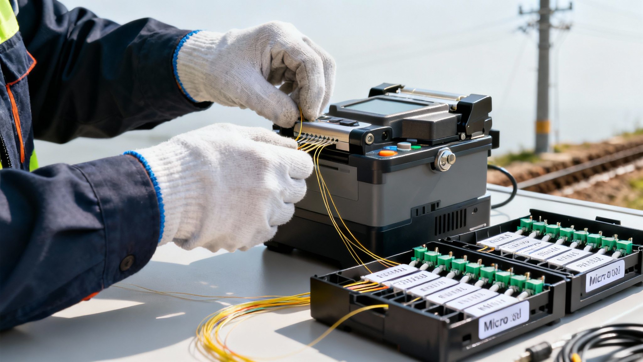 Technician in gloves performing fiber optic cable splicing with a fusion splicer machine outdoors.