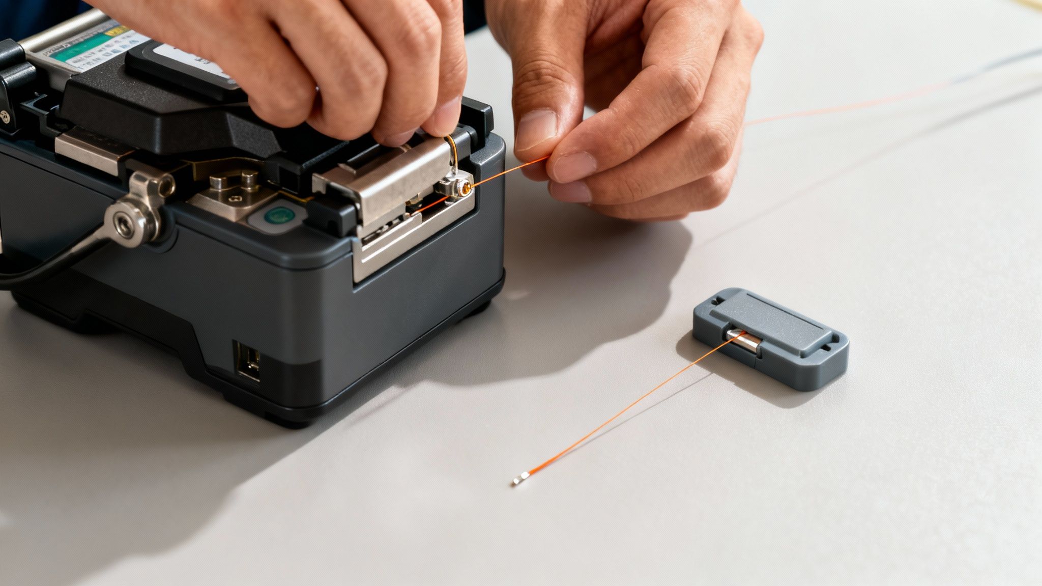 Close-up of hands precisely manipulating an orange fiber optic cable in a fusion splicer device.