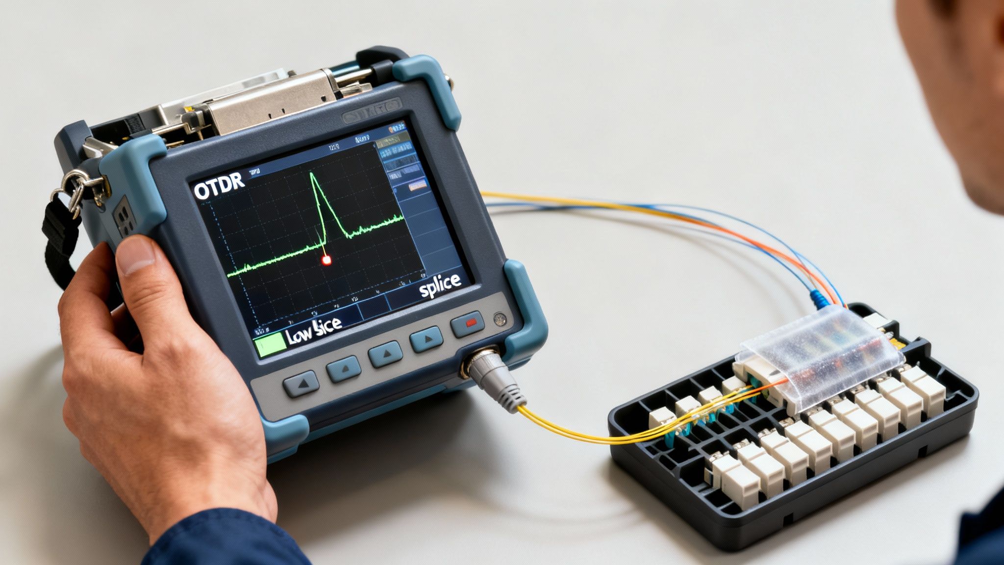 A person holds an OTDR device testing a fiber optic splice connection.