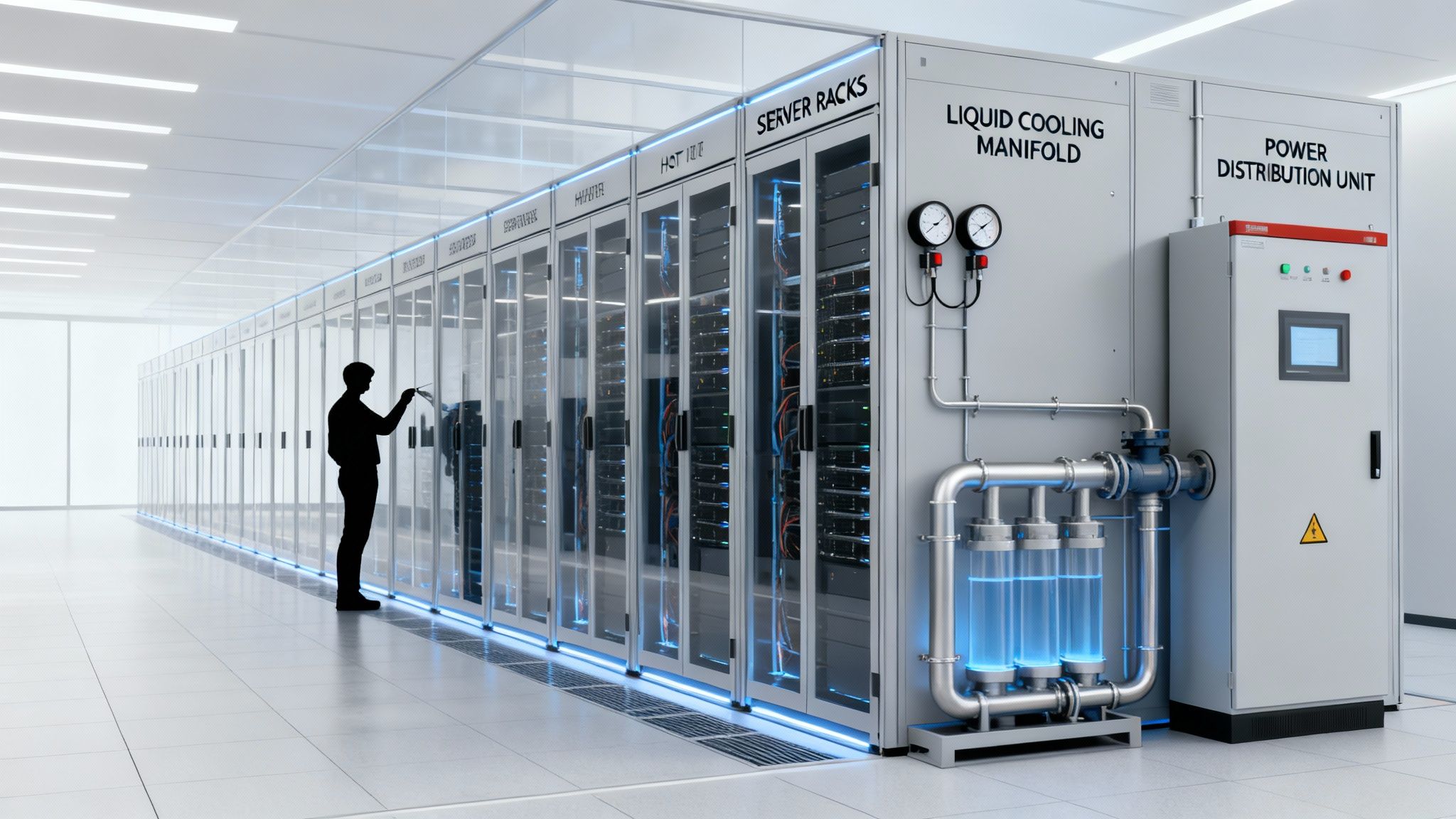 A technician works on server racks in a modern data center with liquid cooling systems.