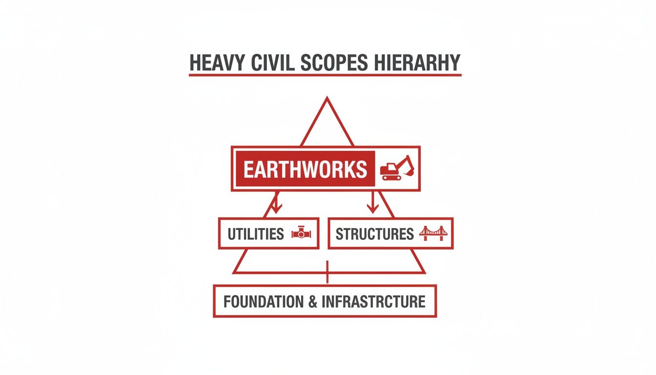 A hierarchy diagram showing heavy civil construction scopes, from earthworks to utilities, structures, and infrastructure.