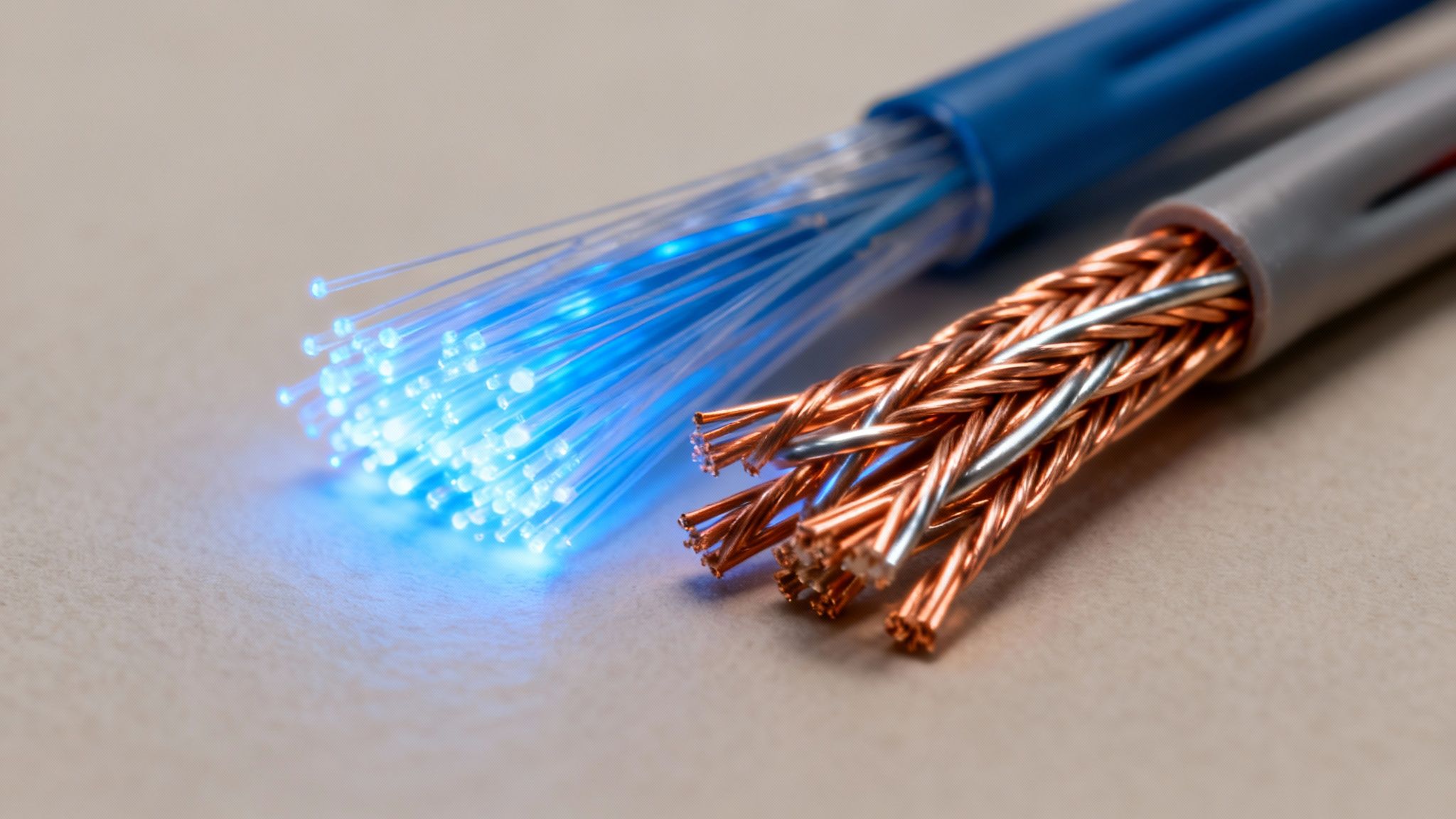 Glowing blue fiber optic cables are shown next to braided copper wires on a light background, highlighting connectivity.