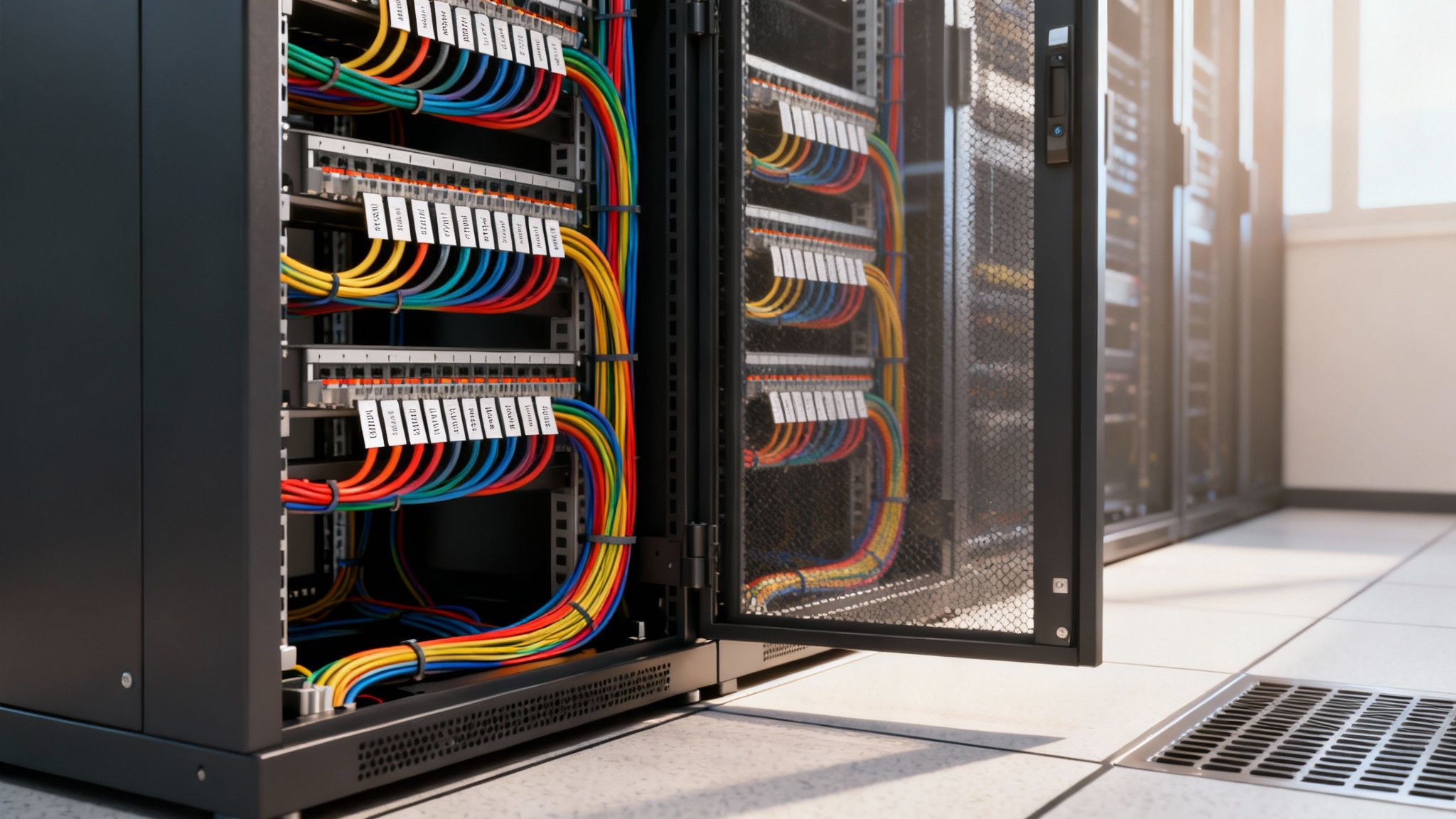 Colorful, labeled network cables neatly organized inside an open server rack in a modern data center.