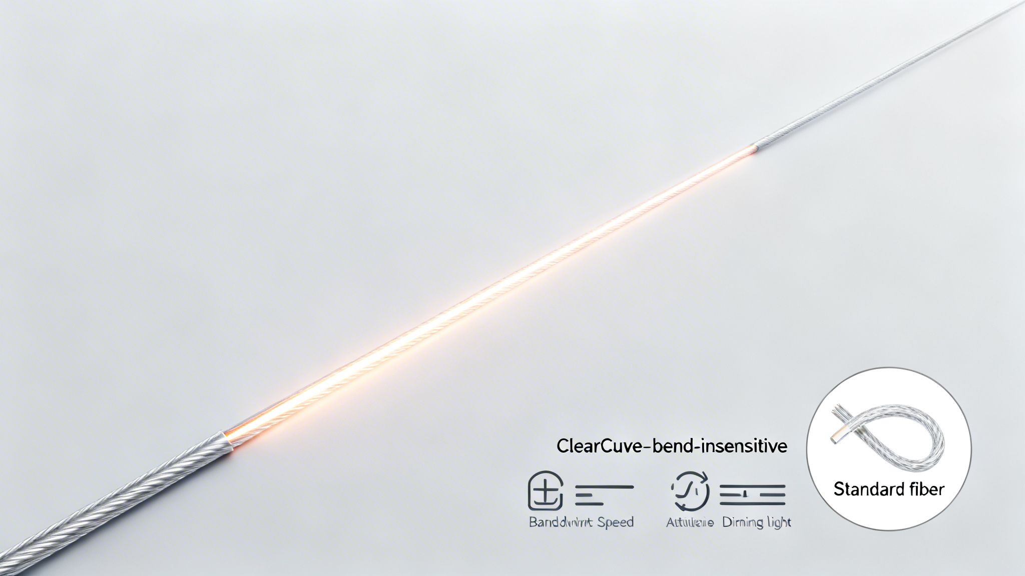 A glowing fiber optic cable illustrates ClearCurve bend-insensitive technology and its benefits, contrasted with standard fiber.