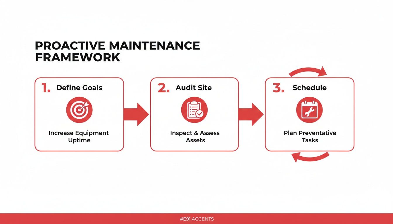 A proactive maintenance framework with three steps: define goals, audit site, and schedule preventative tasks.