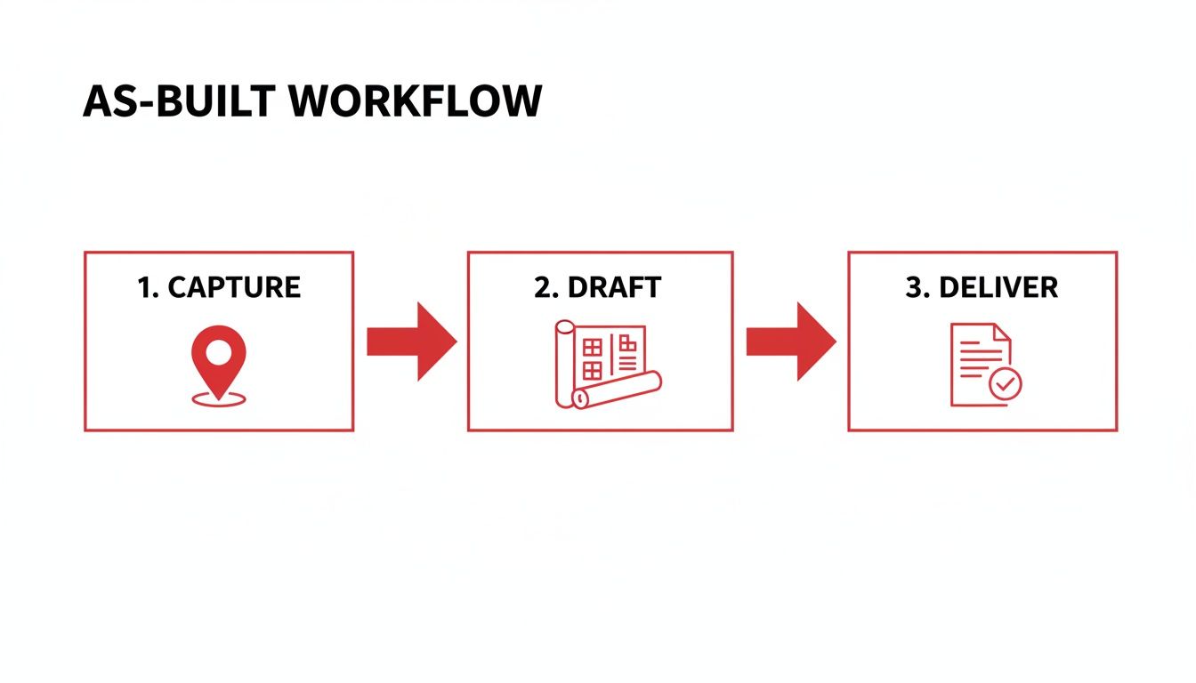 As-built workflow diagram illustrating three steps: capture, draft, and deliver, with corresponding icons.