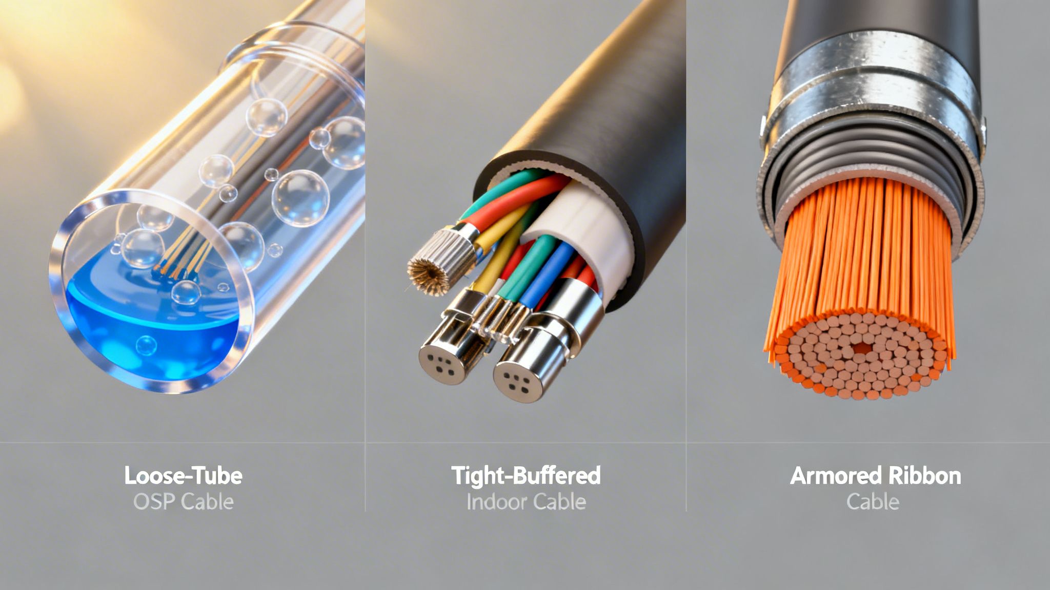 Close-up views of three optical fiber cable types: Loose-Tube OSP, Tight-Buffered Indoor, and Armored Ribbon, showcasing their distinct internal structures.