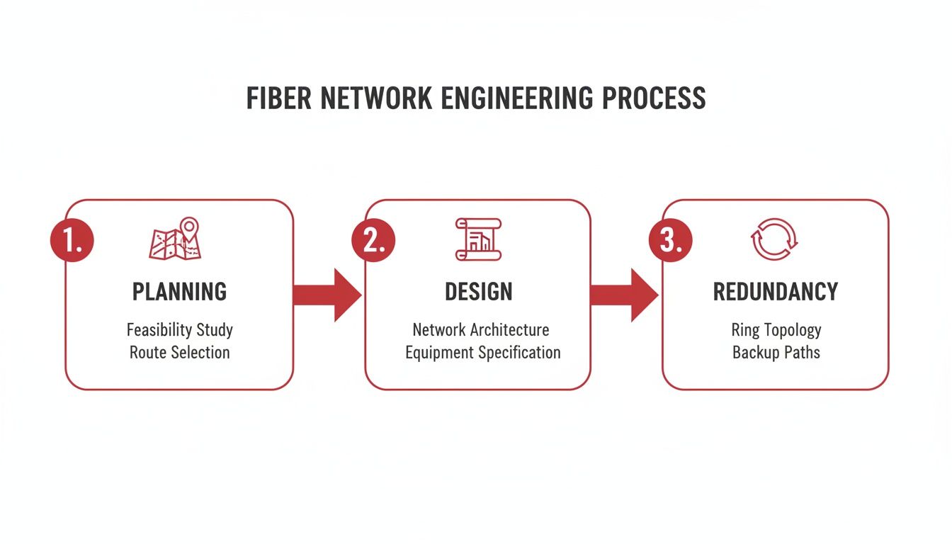Diagram showing the three-step fiber network engineering process: planning, design, and redundancy stages.