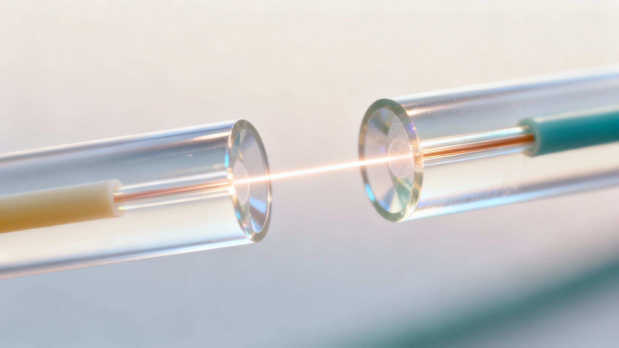 A bright orange light beam connects two transparent fiber optic cables, illustrating data transmission.