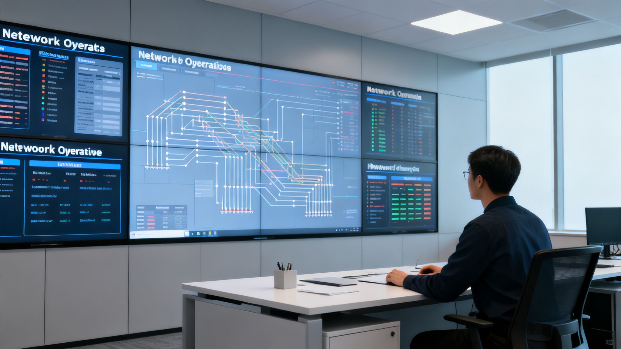 A man sits at a desk, looking intently at a large wall of screens displaying network operations data and diagrams.