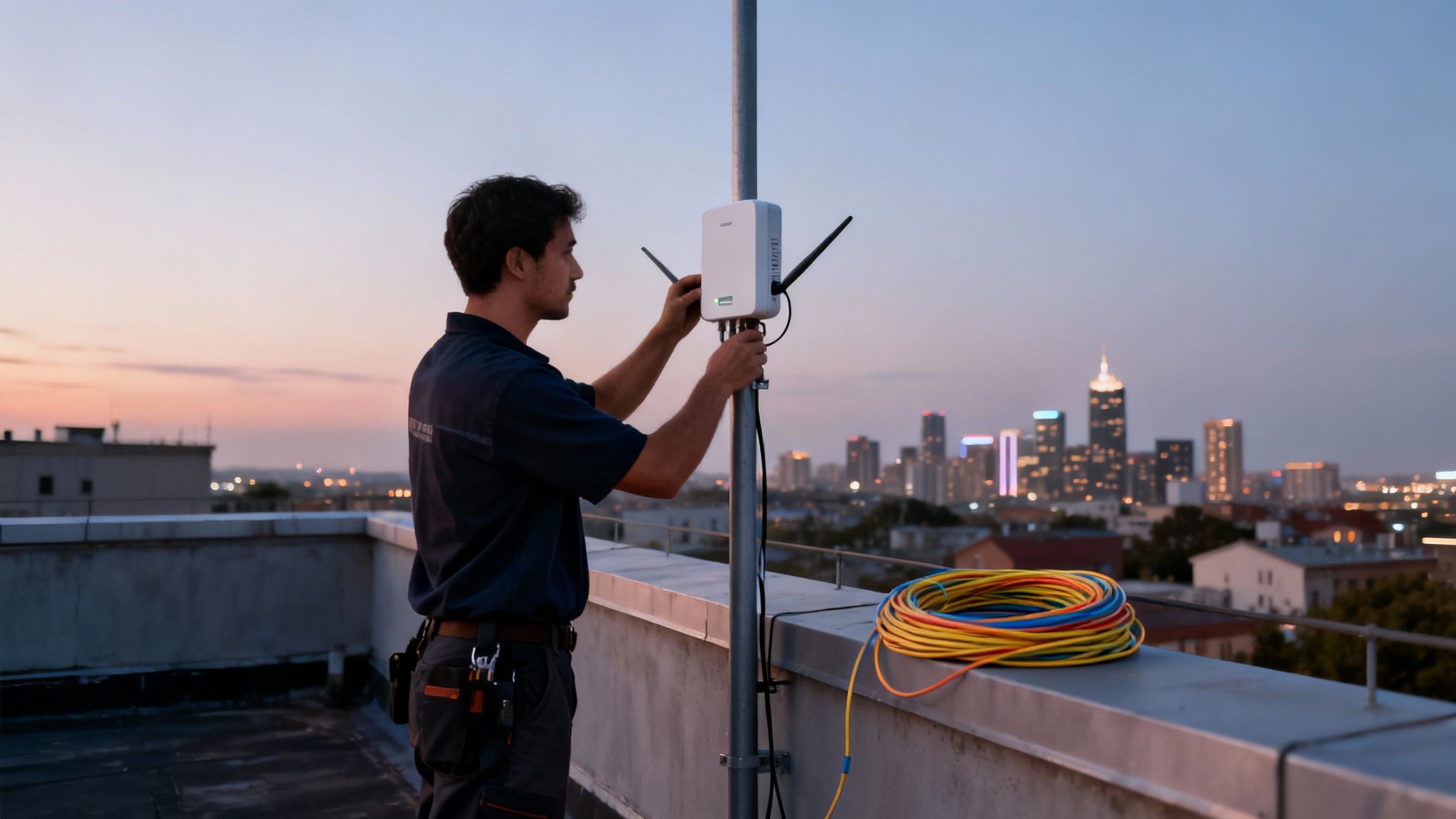 Man installing a network device on a rooftop at dusk, with a cityscape in the background.