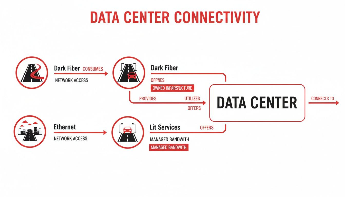 Flowchart illustrating data center connectivity options: Dark Fiber for owned infrastructure and Lit Services via Ethernet for managed bandwidth.